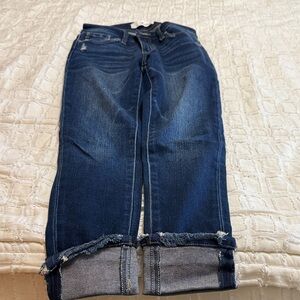 KanCan Dark Blue Cropped Jeans with Frayed Cuffs